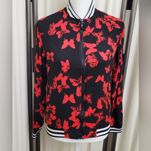 Cactus Jackets & Blazers - Cactus Ricky Singh Black and Red Butterfly Bomber Jacket | Size Small